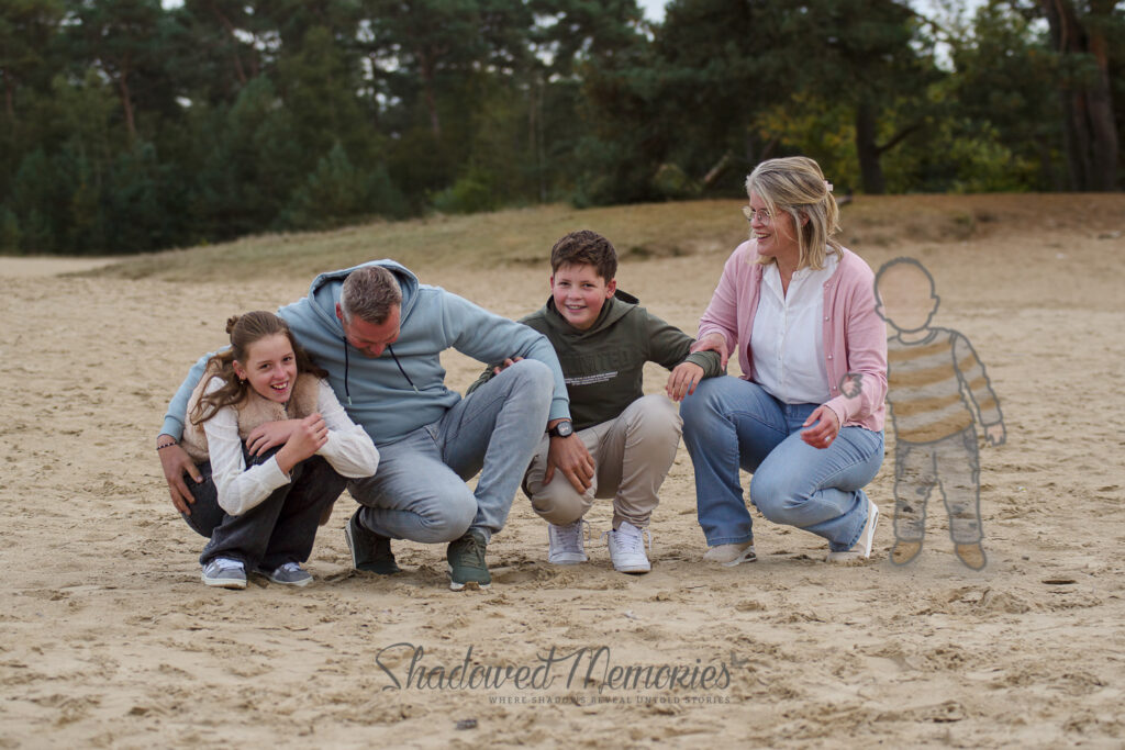 Shadowed Memories family photo with lost baby Miscarriage or stillbirth family photo changes by Dasja Dijkstra from the Netherlands Schaduwfoto